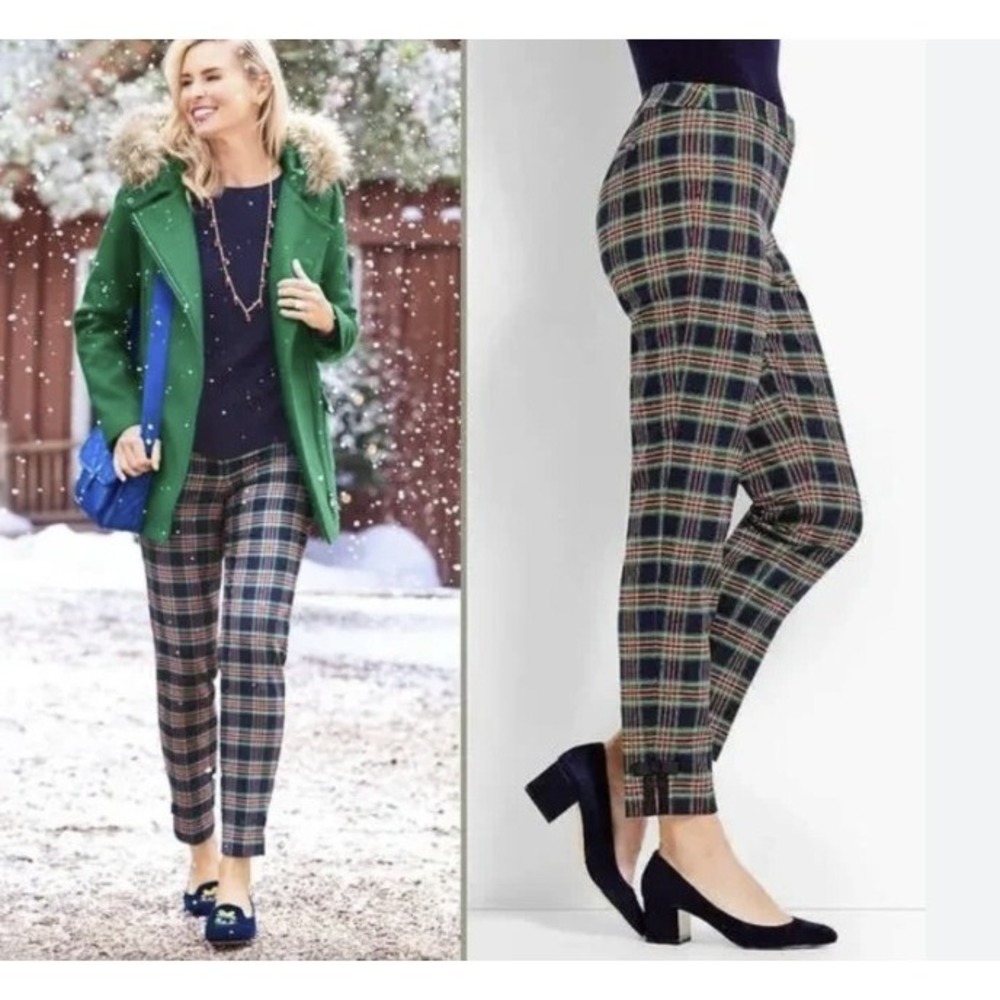 Talbots Pants Women 2 Holiday Tartan Plaid Wool Blend Bow Ankle Stretch $129